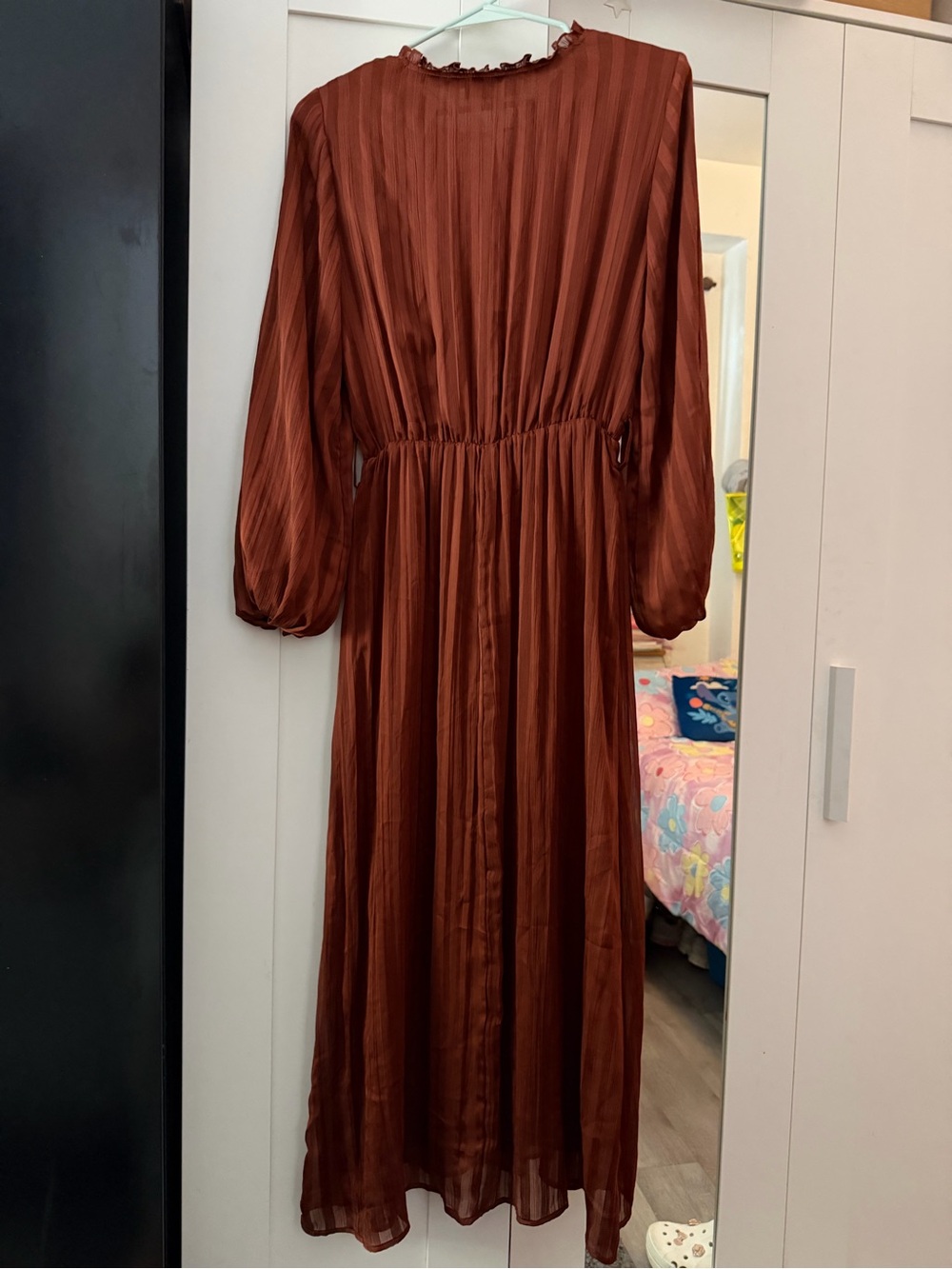 Zara Rust-Brown Striped Maxi Dress with Tie Neck - Picture 7 of 8